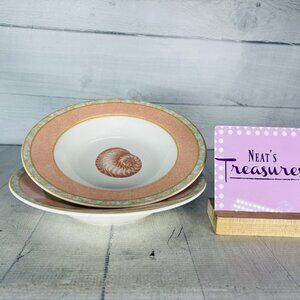 Victoria & Beale ATLANTIS Porcelain Peach Band Shell Centen Rim Soup Bowls Set 2